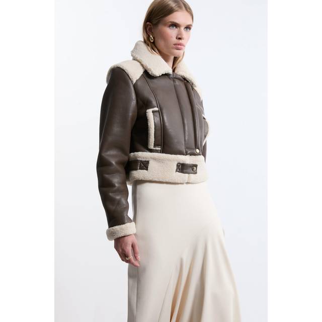 Petite Faux Fur Aviator Crop Jacket - Brown
