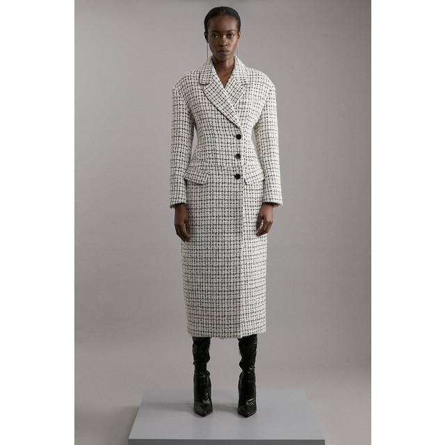 Metallic Texture Check Darted Waist Midaxi Tailored Coat - Ivory