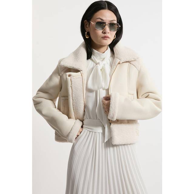 Faux Fur Aviator Crop Jacket - Cream