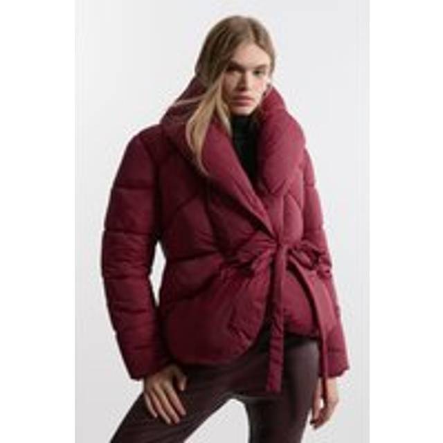 Quilted Padded Wrap Tie Oversize Collar Coat - Red