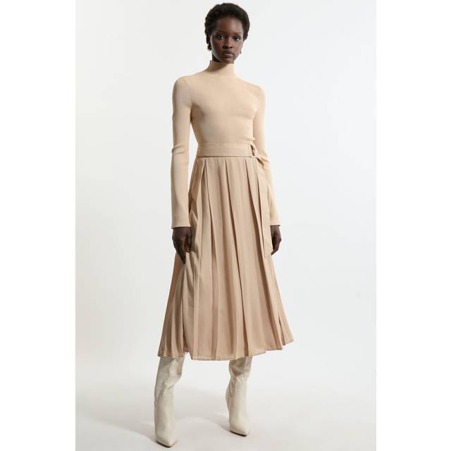 Georgette Belted Pleat Woven Midi Skirt - Camel