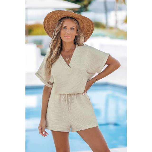 Neutral V-Neck Drawstring Playsuit - Khaki