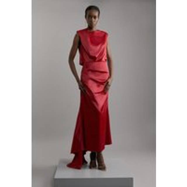 Sleeveless Satin Drape Woven Maxi Dress - Red