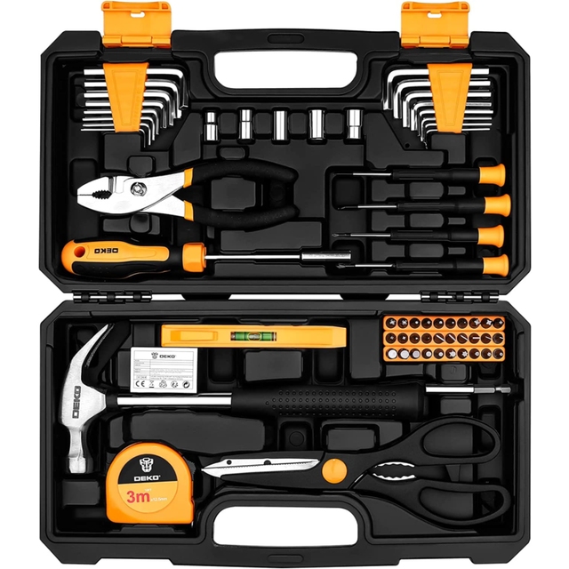 Deko tool kit set box 62 piece home repair diy tools basic home hand toolbox set