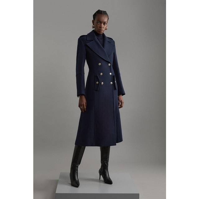Premium Italian Manteco Wool Military Double Breasted Tailored Midi Coat - Navy