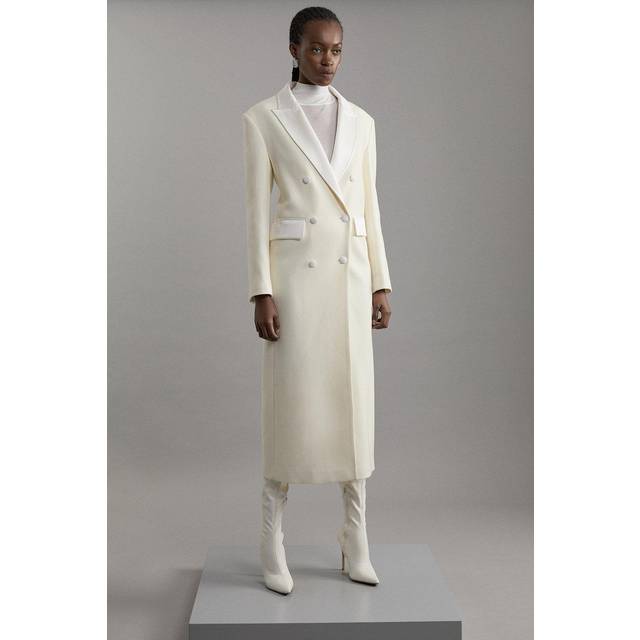 Premium Italian Manteco Wool Satin Collar Double Breasted Tailored Maxi Coat - Ivory
