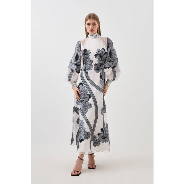 Petite Applique Organdie Floral Graphic Woven Maxi Dress - Silver