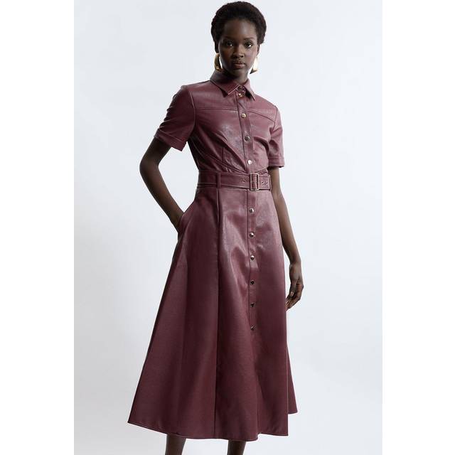Petite Faux Leather Belted Midi Shirt Dress - Brown