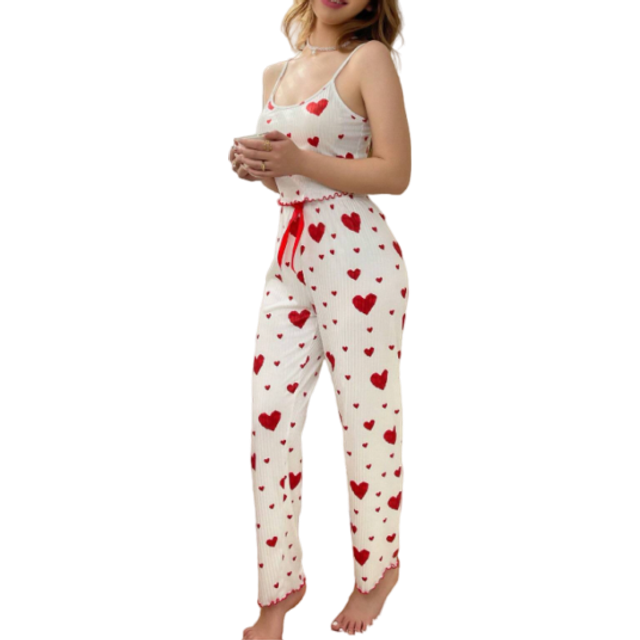 SHEIN Women Heart Print Cami Tank Top And Long Pants Pajama Set White Set
