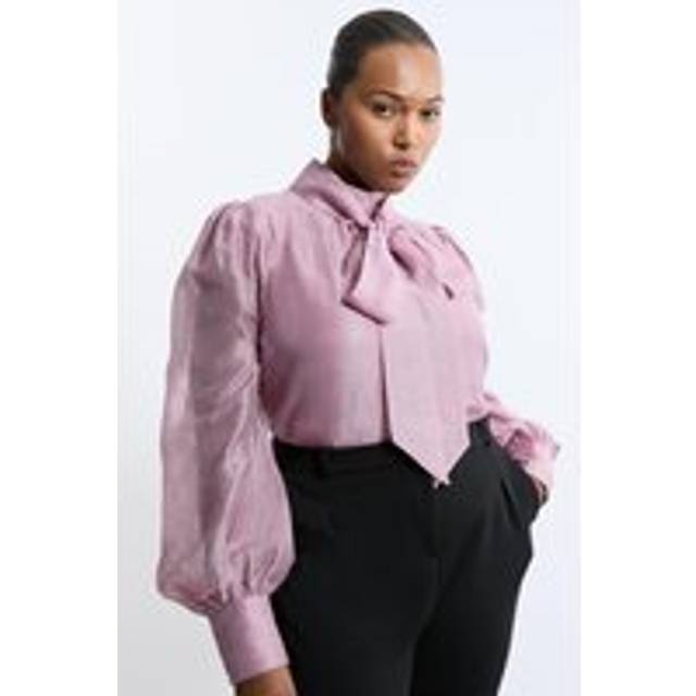 Plus Size Linen Blend Organdie Woven Pussybow Blouse - Pink