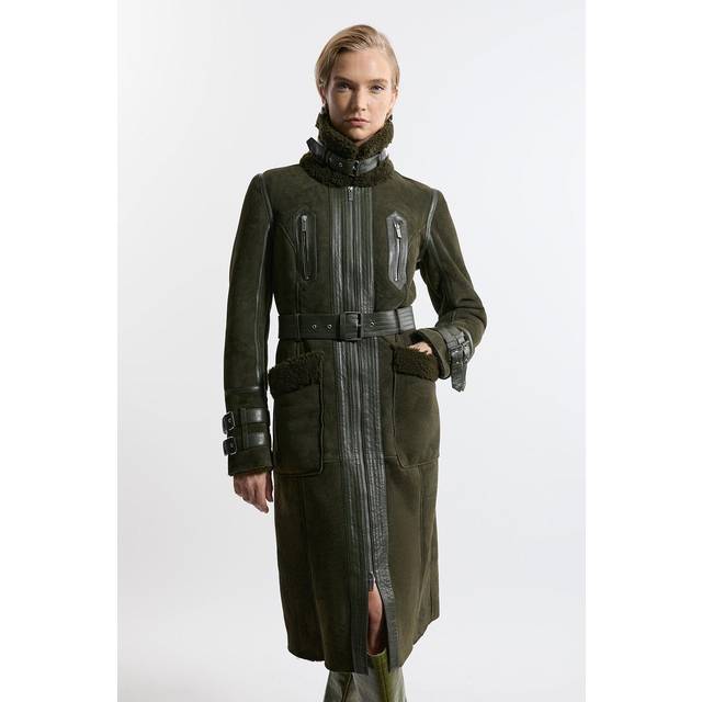 Leather And Shearling Mix Long Aviator Coat - Olive