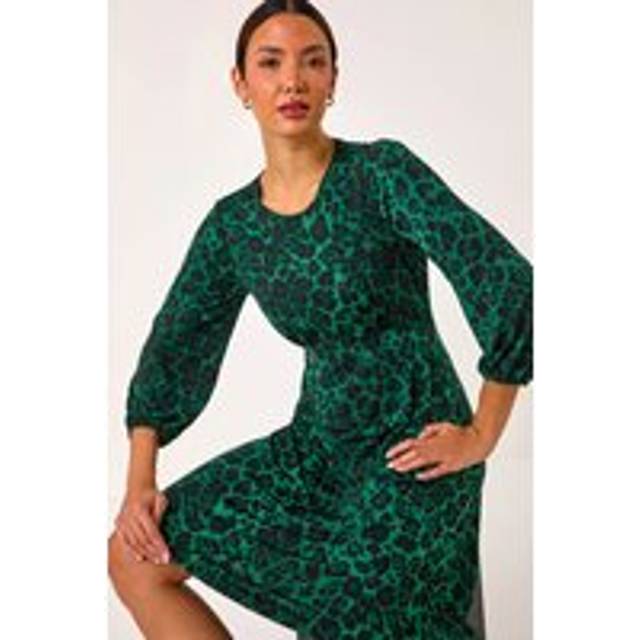 Roman Animal Print A-Line Gathered Dress Dark Green 16