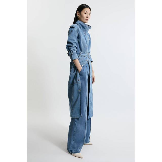 Denim Funnel Neck Belted Maxi Coat - Mid Blue