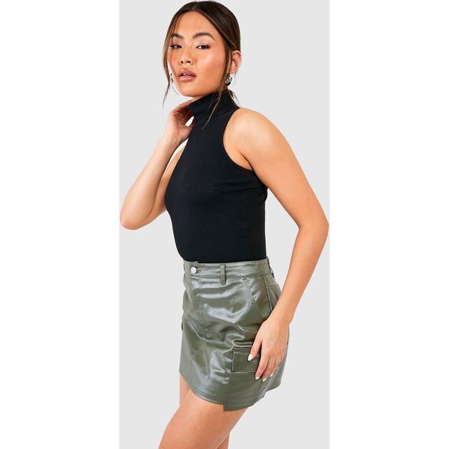 Womens Pu Coated Cargo Pocket Denim Mini Skirt - Green - 14, Green
