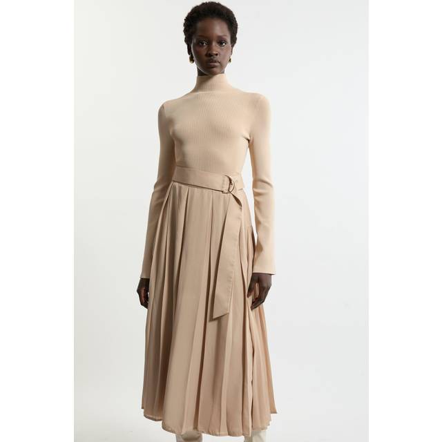 Petite Georgette Belted Pleat Woven Midi Skirt - Camel