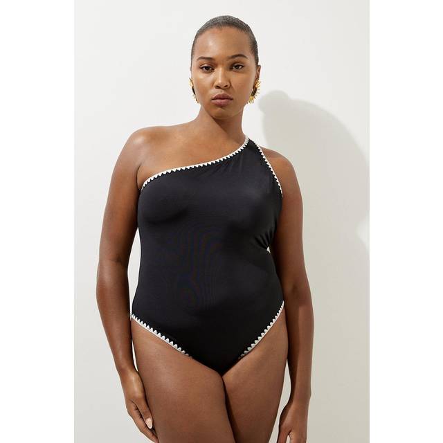 Plus Size Contrast Stitch One Shoulder Swimsuit - Black
