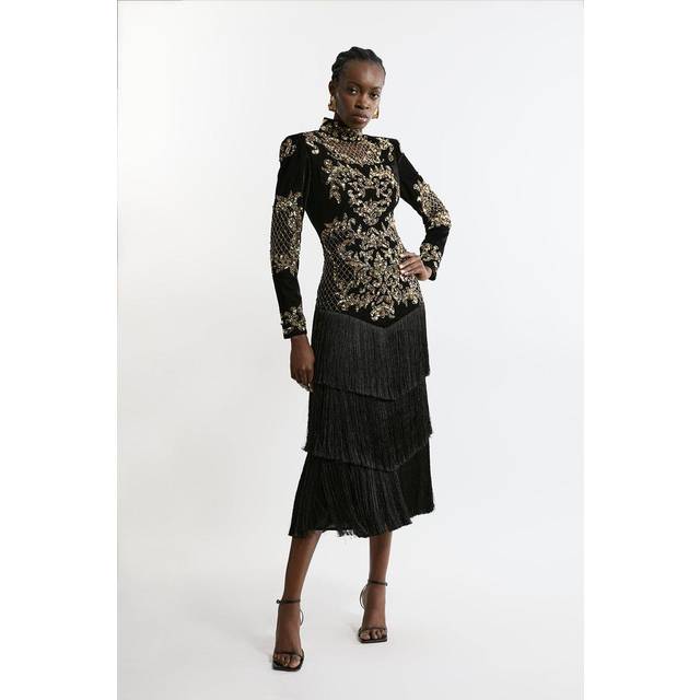 Tall Velvet Baroque Fringe Woven Maxi Dress - Gold