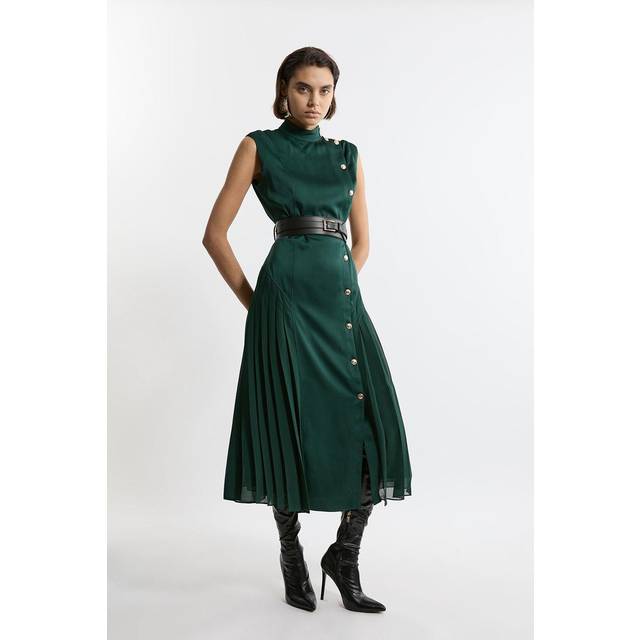 Top Stitch Satin Georgette Strong Shoulder Midi Dress - Green