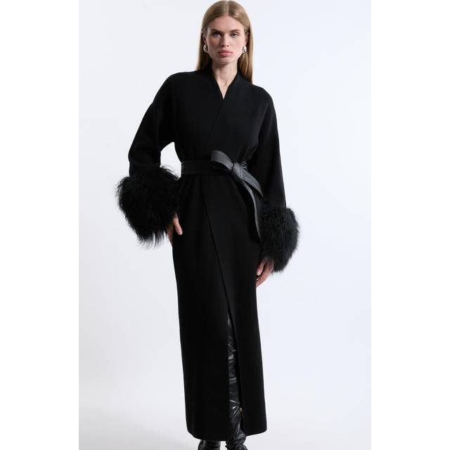 Viscose Blend Compact Knit Shealing Cuff Belted Coatigan - Black
