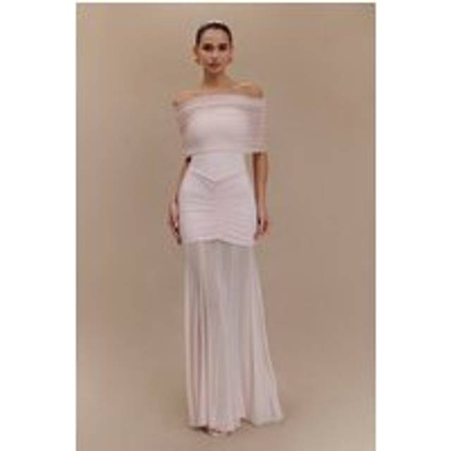 Caspian Slinky And Mesh Off Shoulder Maxi Dress - Pale Pink