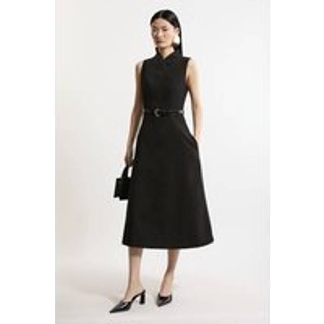 Compact Stretch Wrap Neck Tailored Midi Dress - Black