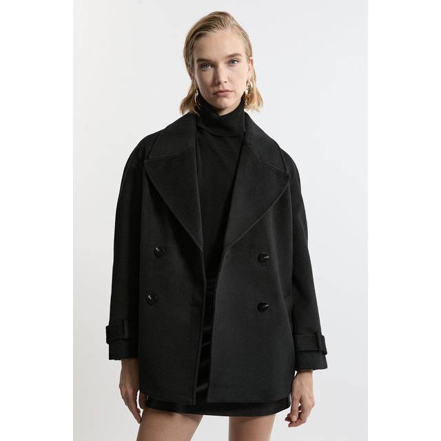 Petite Tailored Wool Blend Double Breasted Pea Coat - Black