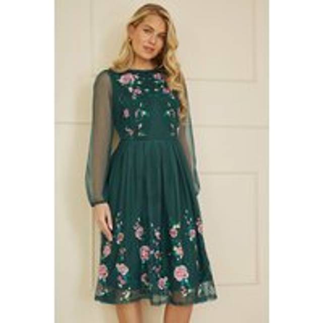 Yumi Green Embroidered Long Mesh Sleeve Prom Skater Dress - Size 16 UK - Yumi