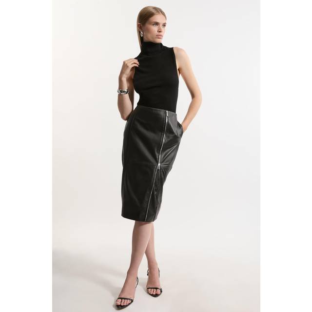 Zipper Detail Leather Midi Skirt - Black