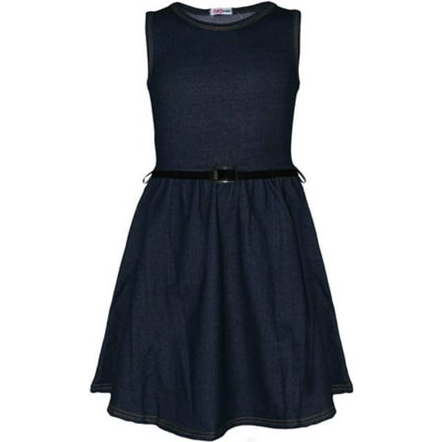 (11-12 Years, Denim Blue) Girls Skater Dress Kids Party Dresses With Belt