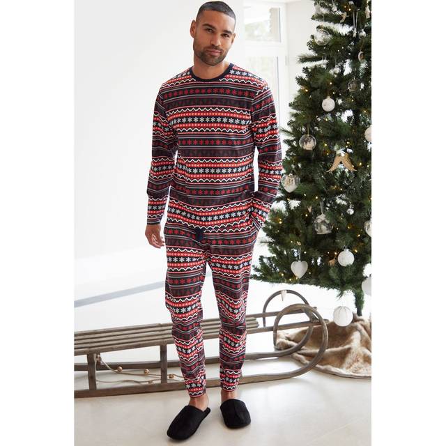 Cotton Long Sleeve Christmas Fairisle Pyjama Set - Red - Large - Threadbare