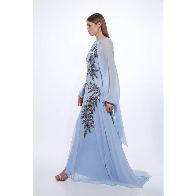 Feather Embellished Woven Long Sleeve Maxi Dress - Blue