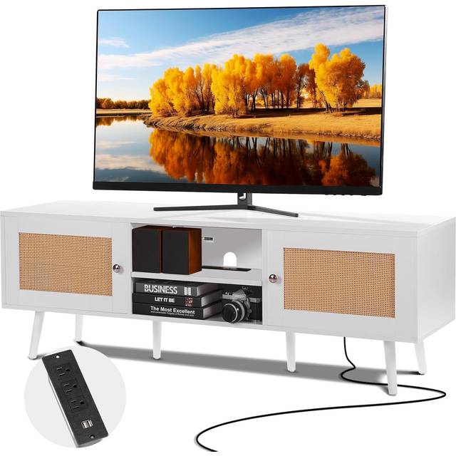 VEVOR Rattan TV-ställ för 65" TV Boho TV-ställ med inbyggt uttag Vit