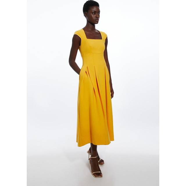 Compact Stretch Tailored Square Neck Full Skirted Midi Dress - Yellow