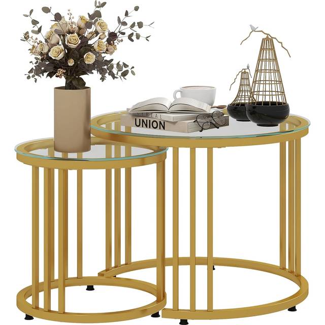 Sidobord Set 2 Guld Bord med Glasskiva Ø60 x 47 / Ø40 x 42 cm