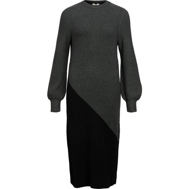 Object Collectors Item Objditte Re L/S KNIT MIDI DRESS Dark Grey Melange/Black Half XS