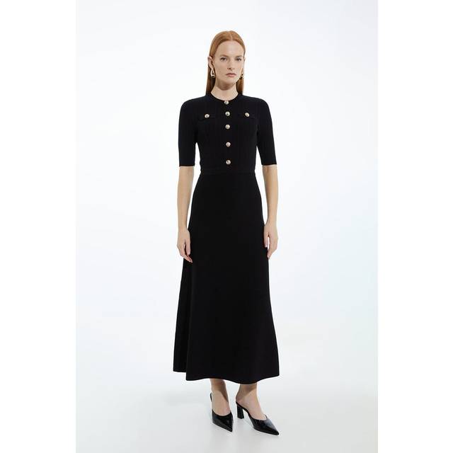 Rib Knit Military Trim Maxi Dress - Black