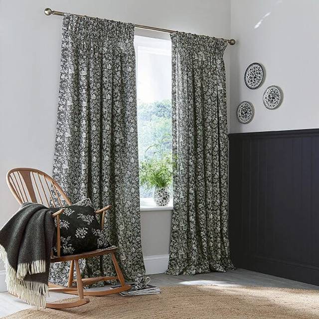 Burleigh x Bedeck of Belfast Regal Peacock Lined Curtains 66" x 72", Charcoal/White