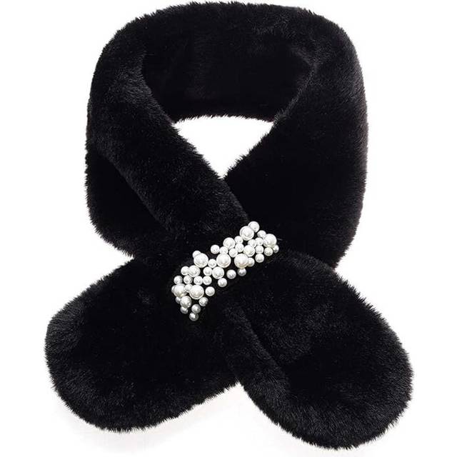 Fur Collar Scarf Soft Faux Fur Scarf Plush Scarf Pearl Scarf Winter Gift Outdoor Cute Comfortable Women and Girls (Black)