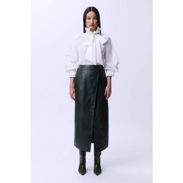 Leather Double Waistband A-Line Midi Skirt - Green