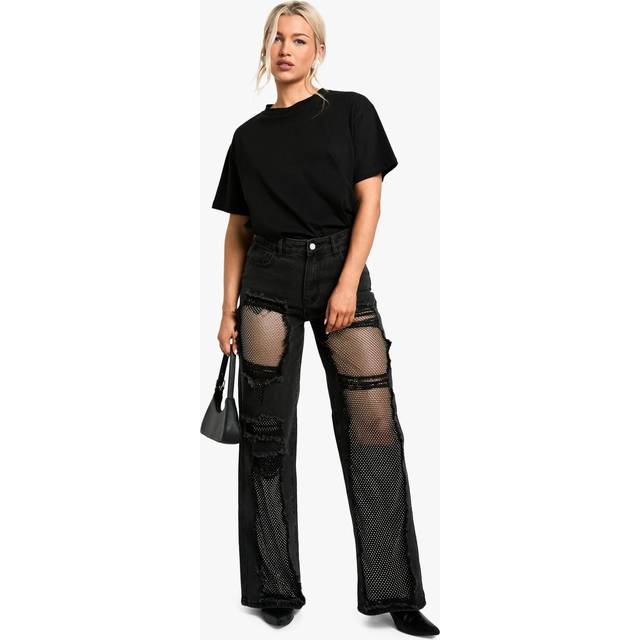 Womens Diamante Mesh Straight Leg Jeans - Black - 8, Black