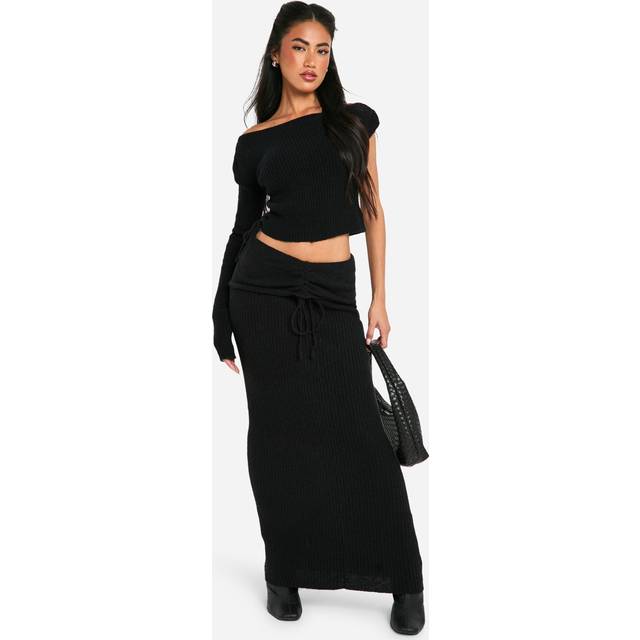 Womens Rib Knit Crop Top & Maxi Skirt Co-Ord - Black - L, Black