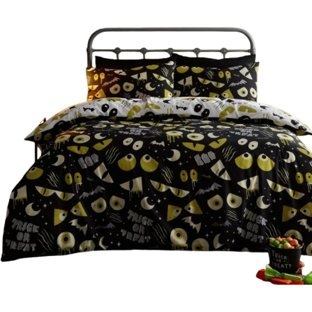 Bedlam – halloween spöklika ögon påslakan – enkel sängstorlek (140 x 200 cm) – vändbart (2 färger) – påslakan som lyser i mörkret – läskiga monsterögon – halloween-dekorationer