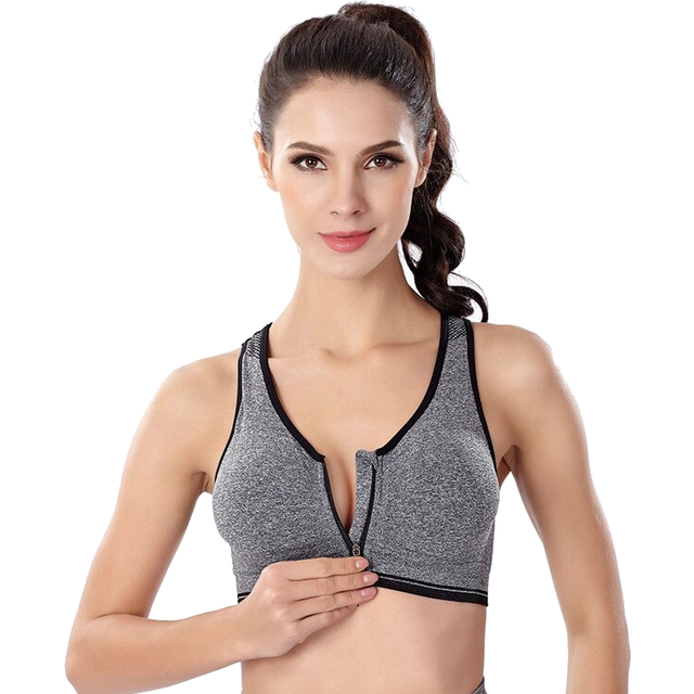 (Grey, Large) Trendy Zip Front Racerback Padded High Impact Active Bra Yoga