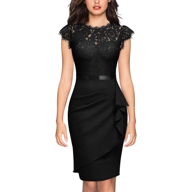 (m, Black) Women's Vintage Lace Cap Sleeve Cocktail Party Formal Wedding Guest Work Bodycon Dress