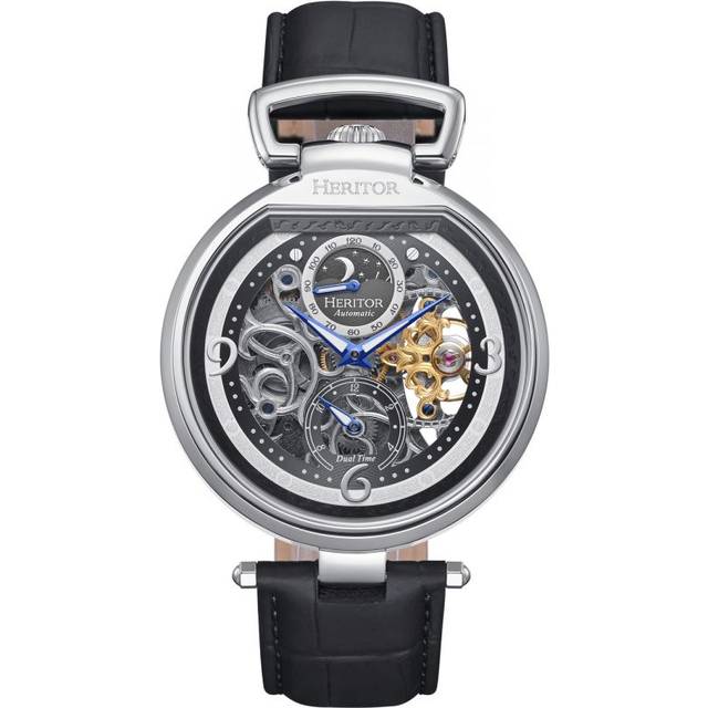 Heritor Automatic Mens Lincoln Leather-Band Skeleton Watch with Moon Phase - Black Stainless Steel - One Size
