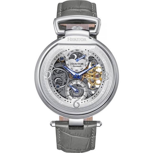 Heritor Automatic Mens Lincoln Leather-Band Skeleton Watch with Moon Phase - Grey Stainless Steel - One Size