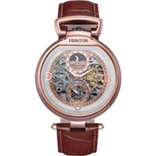 Heritor Automatic Mens Lincoln Leather-Band Skeleton Watch with Moon Phase - Brown Stainless Steel - One Size