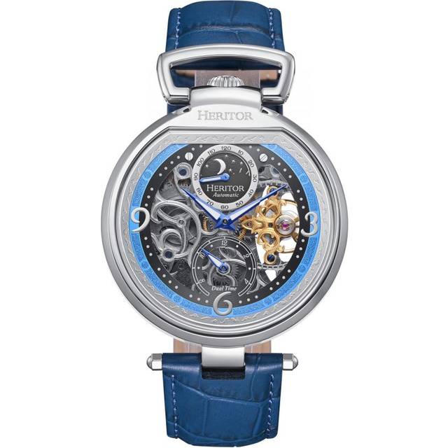 Heritor Automatic Mens Lincoln Leather-Band Skeleton Watch with Moon Phase - Blue Stainless Steel - One Size