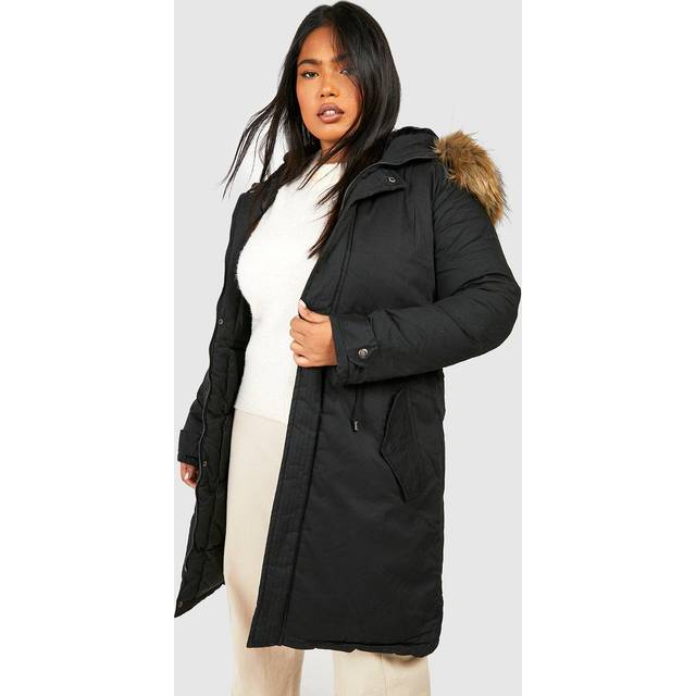Womens Plus Faux Fur Trim Parka Coat - Black - 26
