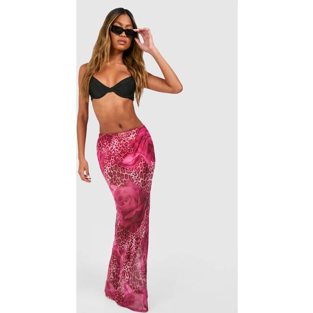 Womens Printed Animal Floral Mesh Maxi Skirt - Pink - 10